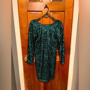 H&M Long Sleeve Mini Dress - Size 12 - Teal Green Sequin, Low Back